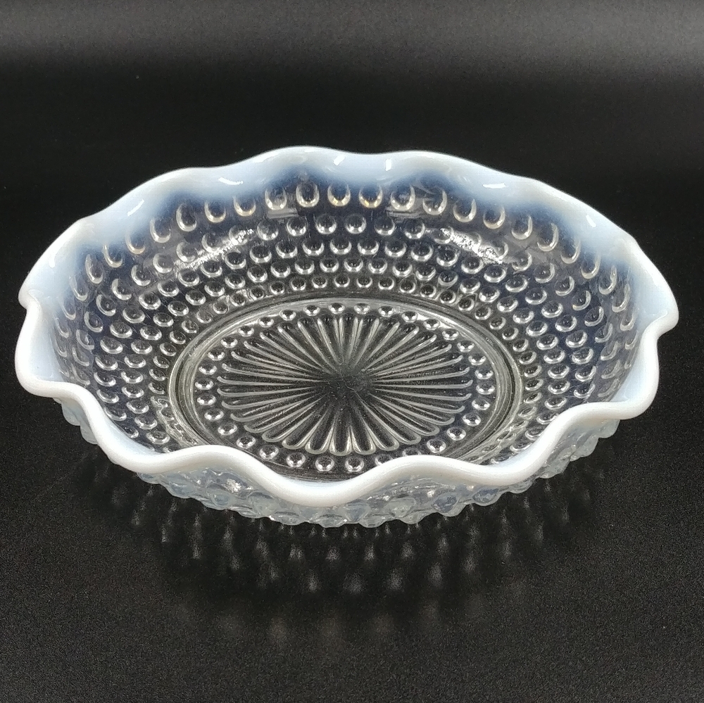 VTG Anchor Hocking Hobnail Milk Glass Edged Bowl. Crimped Edge in Blue & White